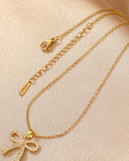 Gold Plated Rhinestone Bowknot Pendant Necklace
