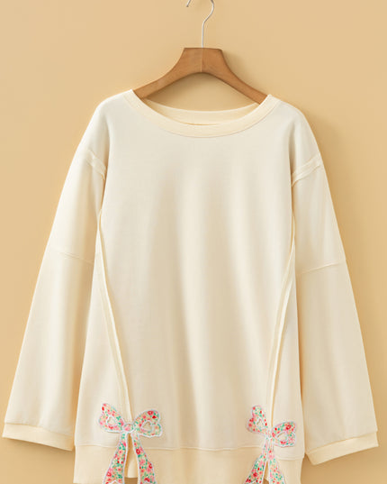 Beige Plus Size Raw Seam Detail Floral Bow Patched Baggy Pullover
