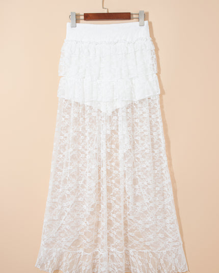White Sheer Lace Frilly Ruffles High Low Long Skirt