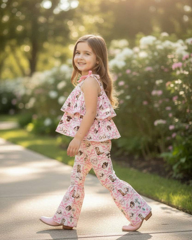 Highland cow & western boots printed tunic & bell bottoms. OFG62058 JEAN