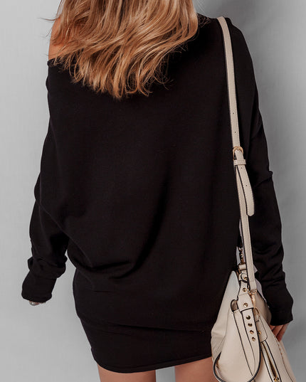 Black Asymmetric Neck Batwing Sleeve Shift Mini Sweater Dress