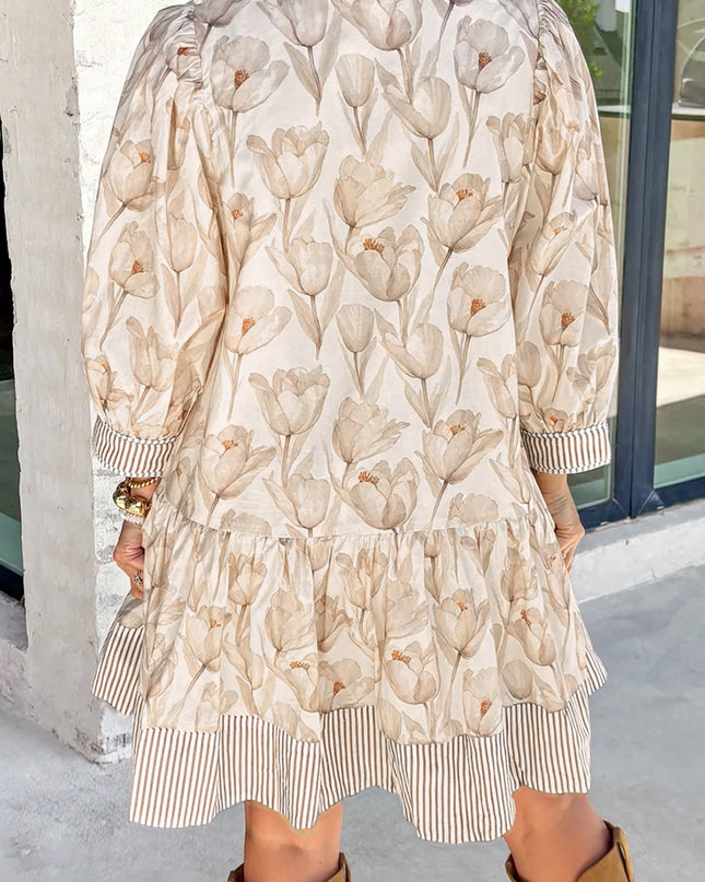 Khaki Plus Size Floral Print Striped Trim Patchwork Button Down A-line Dress