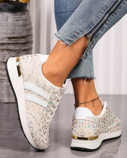 White Leopard Print Lace-Up Low-Top Sneakers with Rubber Sole
