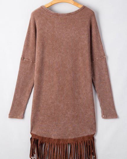 Coffee Waffle Knit Fringed High Low Loose Top