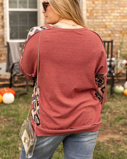 Redwood Burl Aztec Patchwork Drop Shoulder Plus Size High Low Sweatshirt
