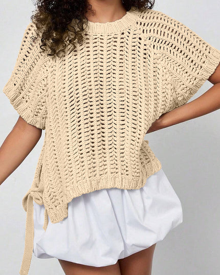 Pink Plus Size Open Knit Bow Tie Short Sleeve Sweater