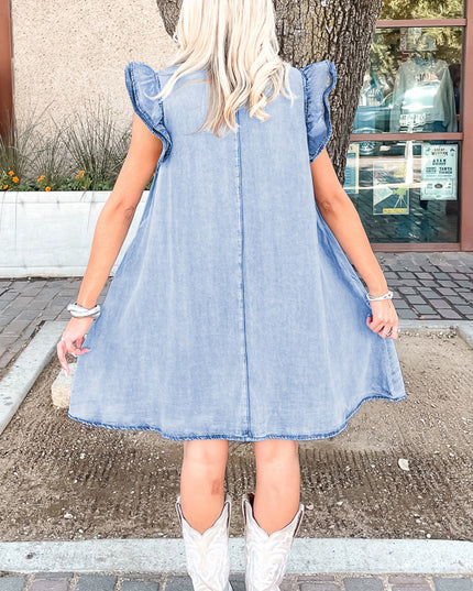 Beau Blue Double Ruffled Sleeves Buttoned A-line Collared Mini Denim Dress