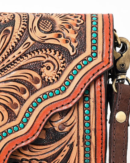 ADBGA393 Tooled Leather Wallet Bag with Turquoise Stud Trim & Floral Design