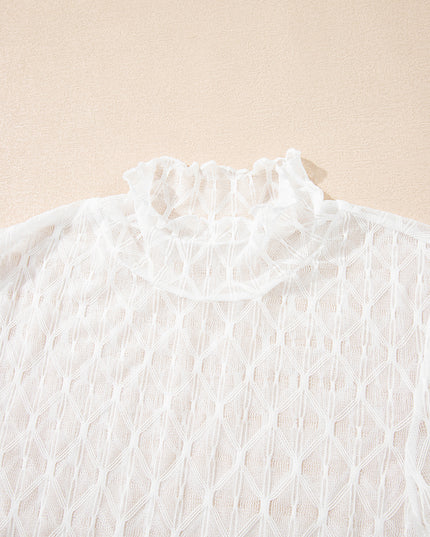 Beige Sheer Mesh Patterned Lettuce Trim Slim Long Sleeve Top