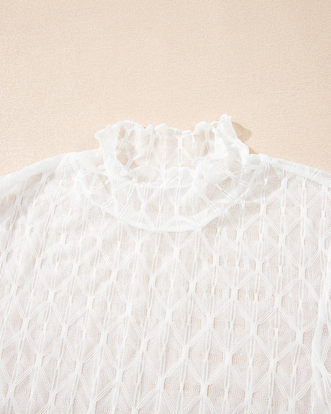 Beige Sheer Mesh Patterned Lettuce Trim Slim Long Sleeve Top