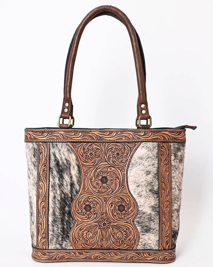 ADBGA339 Hair-On Cowhide Tote Bag with Hand-Tooled Leather Floral Accents