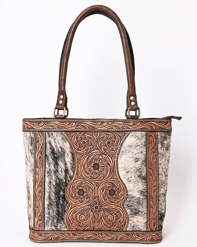 ADBGA339 Hair-On Cowhide Tote Bag with Hand-Tooled Leather Floral Accents