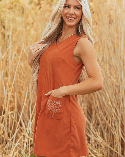 Gold Flame Corduroy Western Embroidered Patched Pocket Shift Sleeveless Mini Dress
