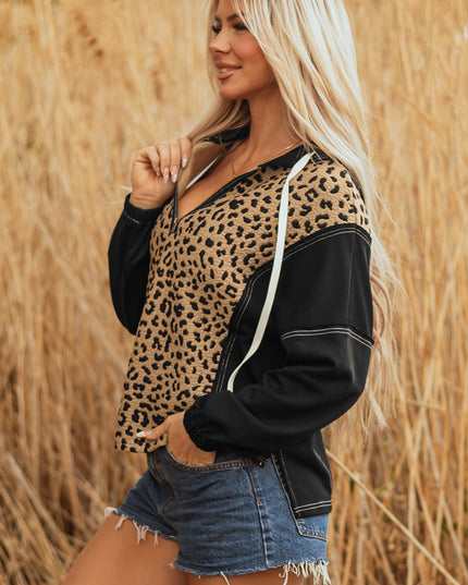 Brown Leopard Patchwork Contrast Stitching Knotted Cuff Quarter Zip Hoodie