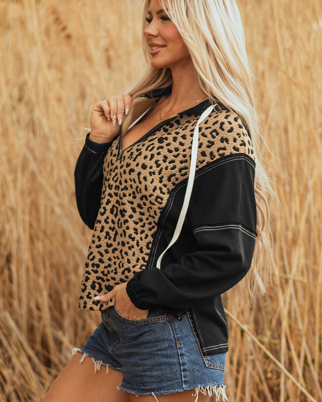 Brown Leopard Patchwork Contrast Stitching Knotted Cuff Quarter Zip Hoodie