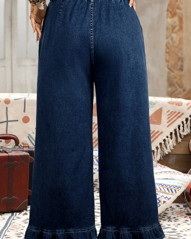 Ashleigh Blue Plus Size Elastic Waist Ruffled Wide Leg Denim Pants