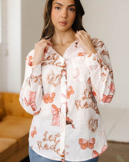 White Rodeo Cowgirl Print Western Button up Shirt