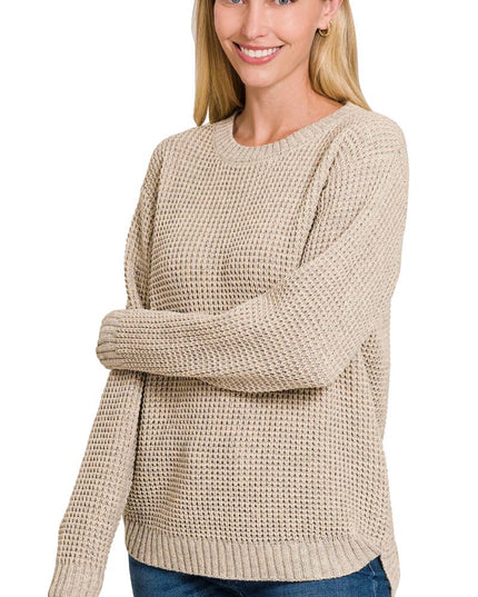 Hi Low Long Sleeve Round Neck Waffle Sweater Zenana