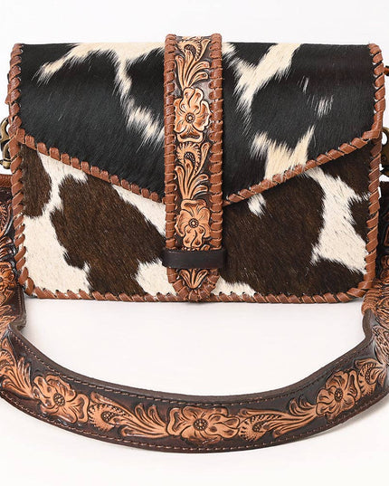 ADBGA635 Hair-On Cowhide Crossbody Bag with Tooled Leather Strap & Trim