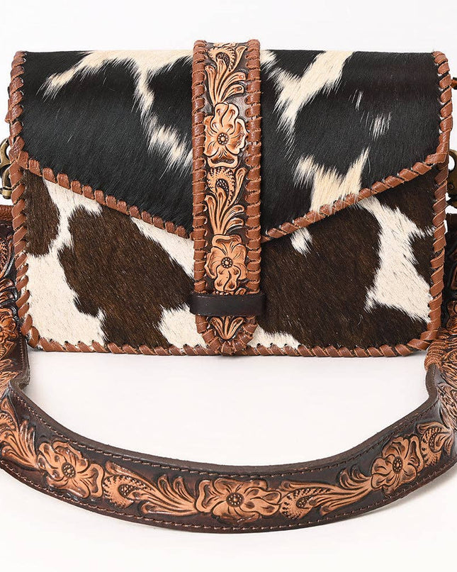 ADBGA635 Hair-On Cowhide Crossbody Bag with Tooled Leather Strap & Trim