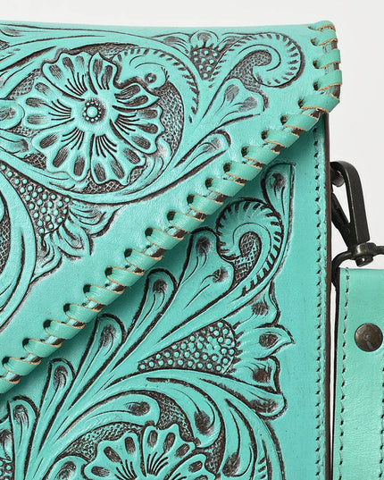 ADBGZ754 Envelope Hand Tooled Leather Wallet Bag - Western Floral Whipstitch Purse