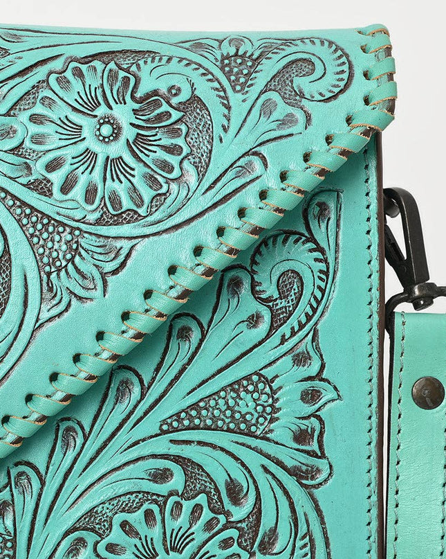 ADBGZ754 Envelope Hand Tooled Leather Wallet Bag - Western Floral Whipstitch Purse