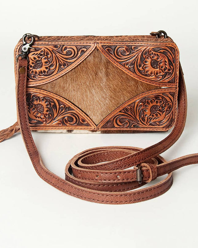 LC-ADBG805 Hand-Tooled Western Leather Hair-On Hide Wallet Crossbody Bag American Darling