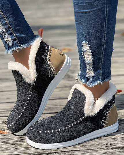 Carbon Grey Suede Stitching Patchwork Plush Lined Anklet Boots