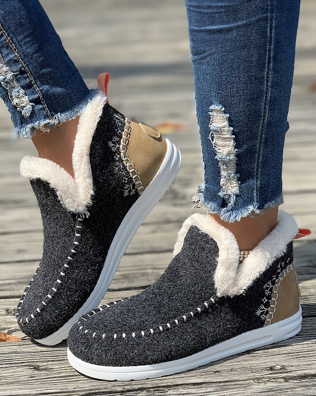 Carbon Grey Suede Stitching Patchwork Plush Lined Anklet Boots