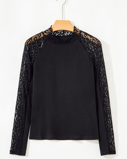 Black Leopard Mesh Patchwork Knit Long Sleeve Top
