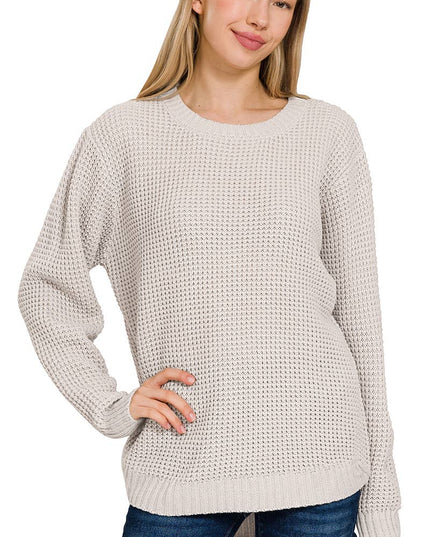 Hi Low Long Sleeve Round Neck Waffle Sweater Zenana