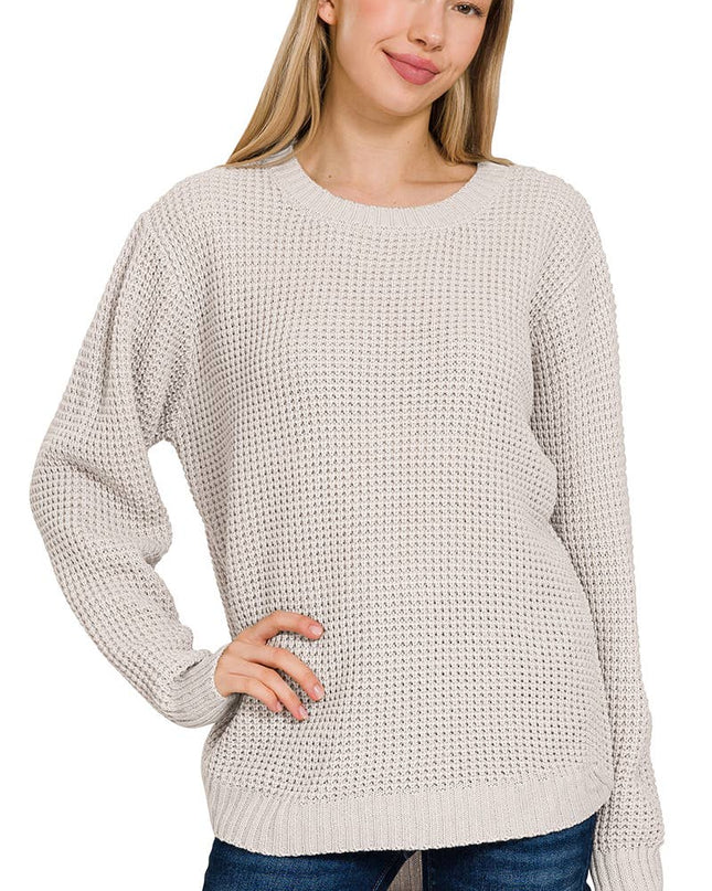 Hi Low Long Sleeve Round Neck Waffle Sweater Zenana