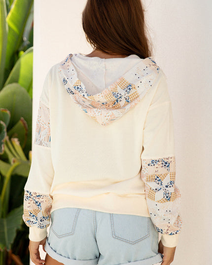 Beige Western Geo Pattern Patchwork Hoodie with Kangaroo Pocket
