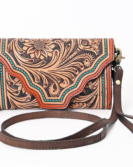 ADBGA393 Tooled Leather Wallet Bag with Turquoise Stud Trim & Floral Design