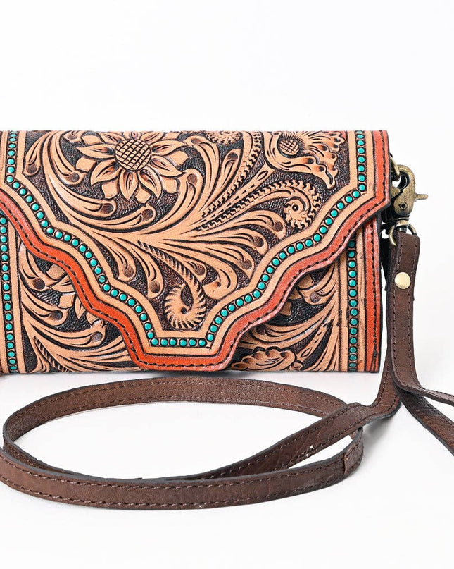 ADBGA393 Tooled Leather Wallet Bag with Turquoise Stud Trim & Floral Design