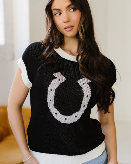 Goat Horse Shoe Pattern Contrast Trim Short Sleeve Sweater