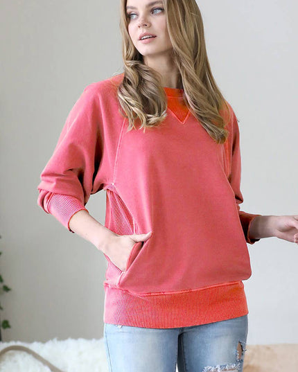 `Washed French Terry Pullover With Side Pockets Zenana