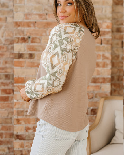 Smoke Gray Waffle Aztec Patchwork Raglan Sleeve Knit Top