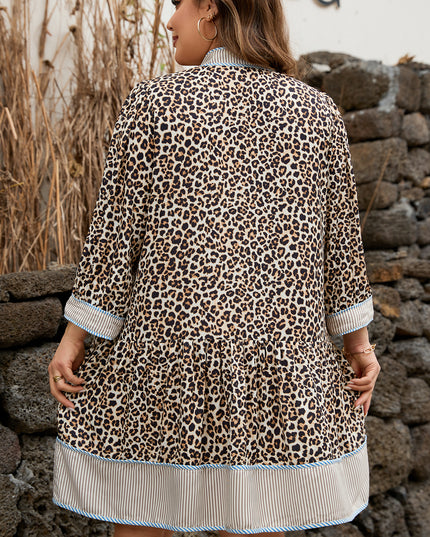 Khaki Plus Size Leopard Print Striped Trim V Neck Drop Waist Long Sleeve Mini Dress