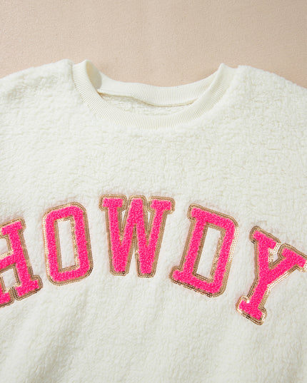 Beige Sherpa HOWDY Patched Pullover Sweatshirt