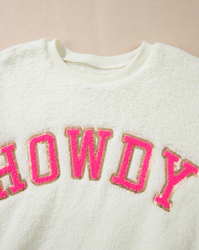 Beige Sherpa HOWDY Patched Pullover Sweatshirt