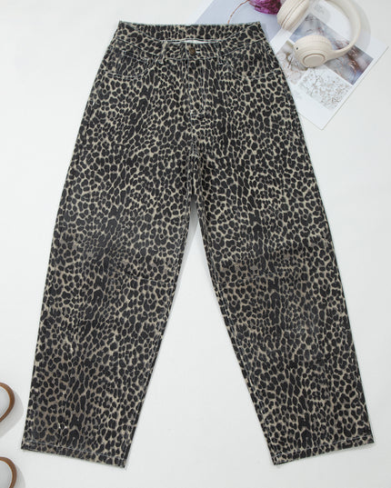 Black Leopard Print High Waist Barrel Jeans