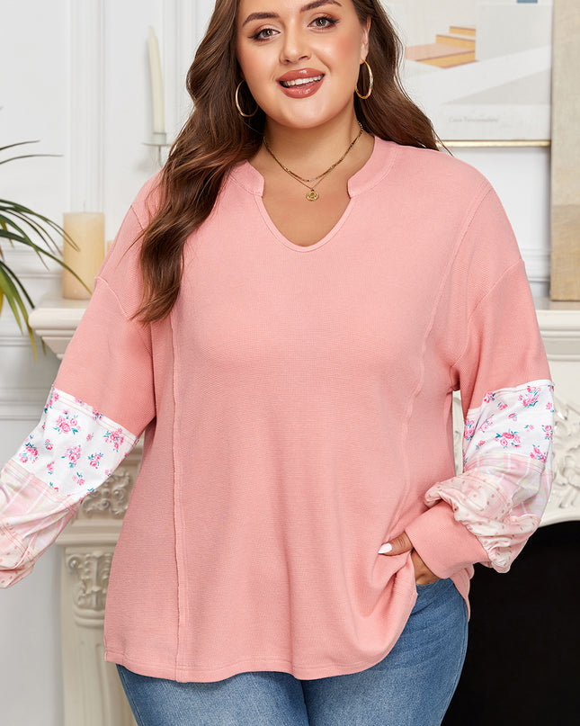 Pink Floral Sleeve Patchwork Waffle Knit Notched V Neck Plus Size Top
