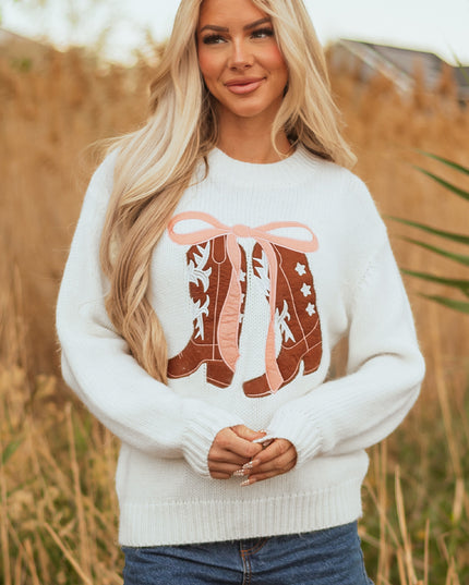 White Embroidered Bow Boots Graphic Drop Shoulder Sweater