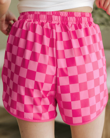 Black Checkered Drawstring Elastic Waist Casual Shorts