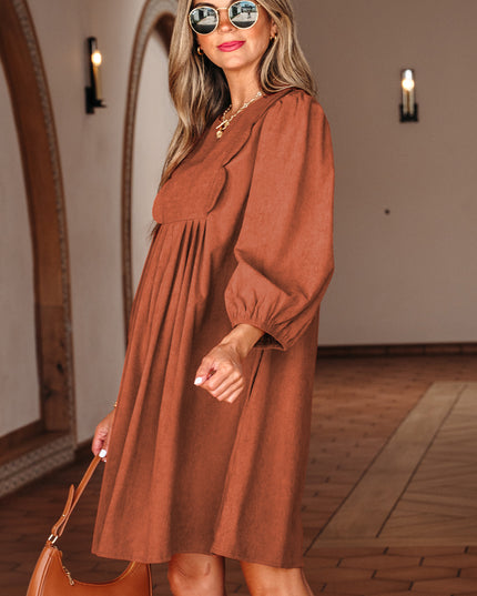 Cinnamon Bracelet Sleeve Split Neck Scallop Detail Pleated Corduroy Mini Dress