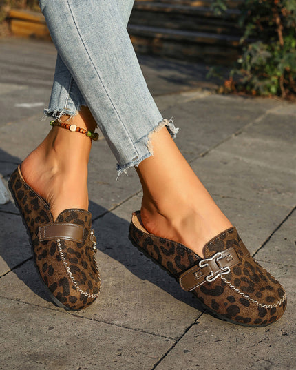 Coffee Faux Suede Cute Buckle PU Leather Strap Mule Slippers