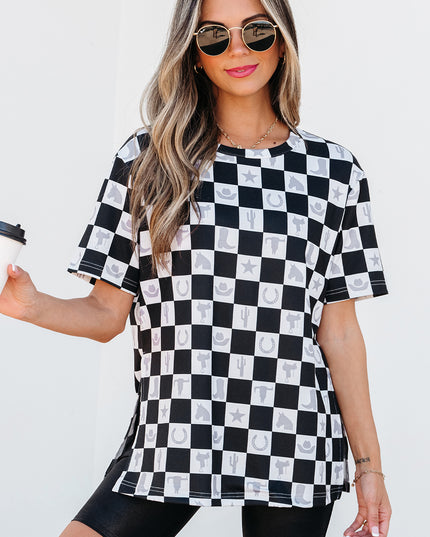 Black Western Fashion Checkerboard Print Side Split T Shirt