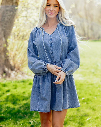 Myosotis Puff Sleeve V Neck Ruffled Loose Denim Mini Dress
