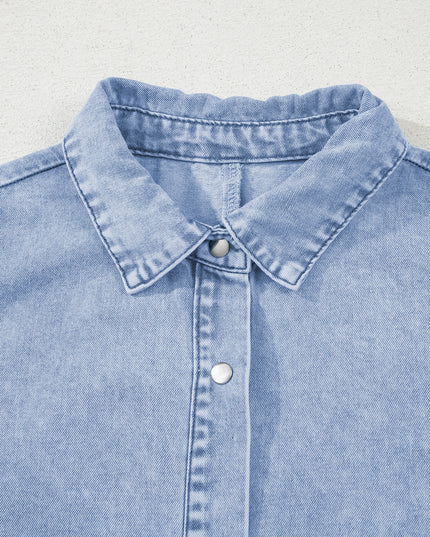Beau Blue Double Ruffled Sleeves Buttoned A-line Collared Mini Denim Dress